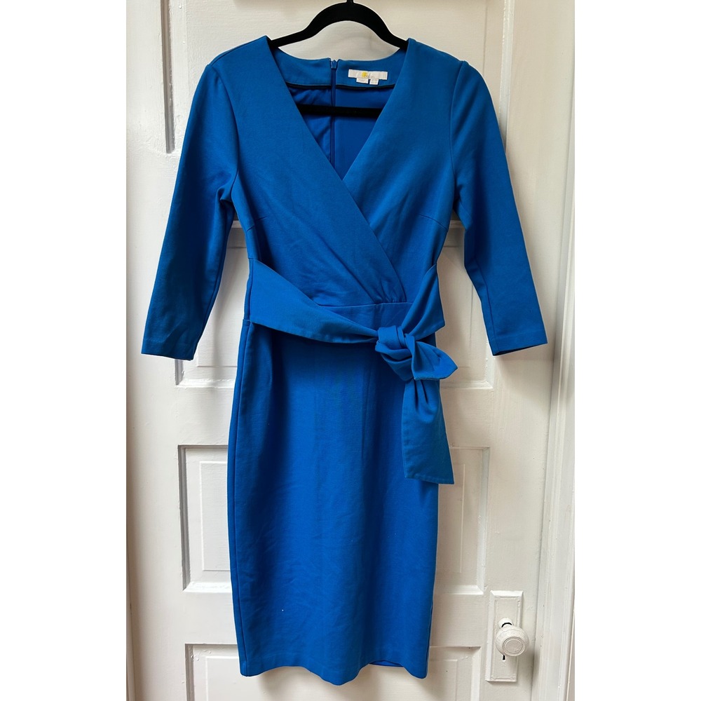 Boden Blue V-Neck Tie Waist 3/4 Sleeve Sheath Dress Size 6R